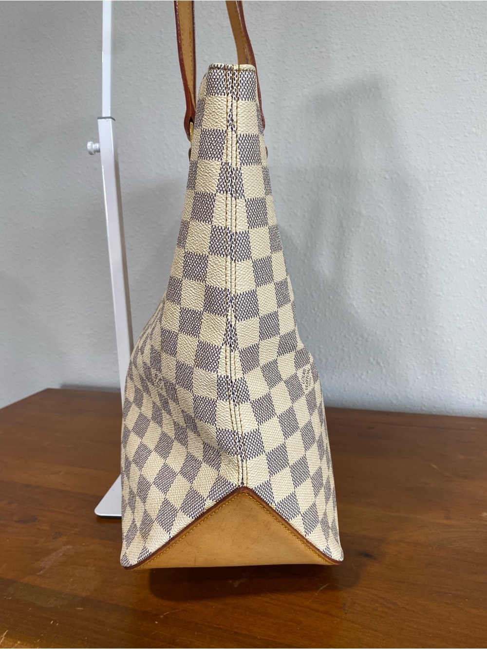 Beige Check Canvas Tote with Tan Leather Straps - Picture 6 of 16